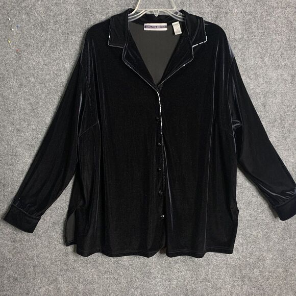 Amanda Smith II Button Front Shirt Shacket Black Velvet Women 2X Beaded Edging - Picture 1 of 13